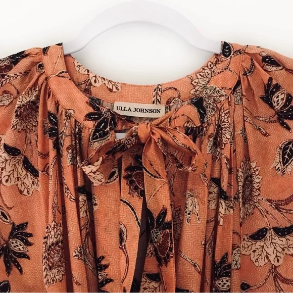 ULLA JOHNSON Primrose Puff Sleeve Tiered Midi Dress Salmon Floral - Picture 2 of 13